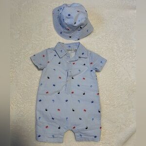 J&J whale Gingham Baby Romper with NWT Hat